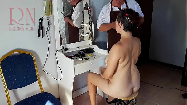 새로운 Camera in nude barbershop. Hairdresser makes undress lady ho cut her hair. Barber, nudism. CAM 1 scene 1개의 새 클립